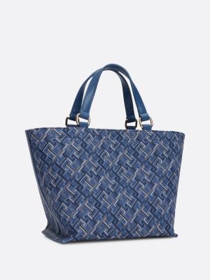 borsa tote piccola in tela con trama jacquard blu da donne tommy hilfiger