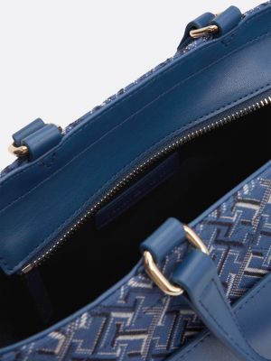 borsa tote piccola in tela con trama jacquard blu da donne tommy hilfiger