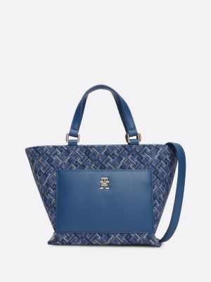 borsa tote piccola in tela con trama jacquard blu da donne tommy hilfiger