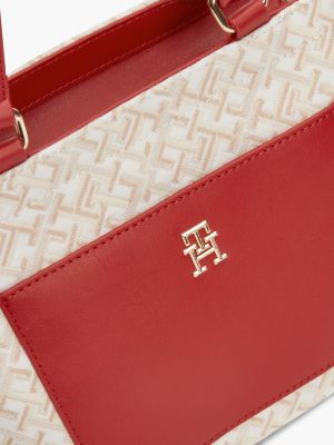 borsa tote piccola in tela con trama jacquard rosso da donne tommy hilfiger