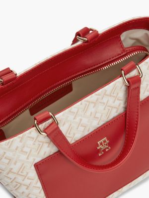 borsa tote piccola in tela con trama jacquard rosso da donne tommy hilfiger