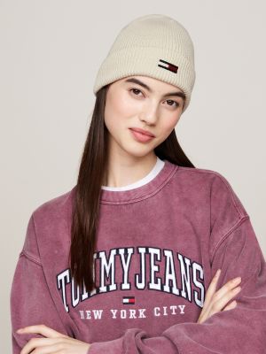 white elongated flag rib-knit beanie for women tommy jeans