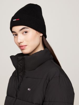 black elongated flag rib-knit beanie for women tommy jeans