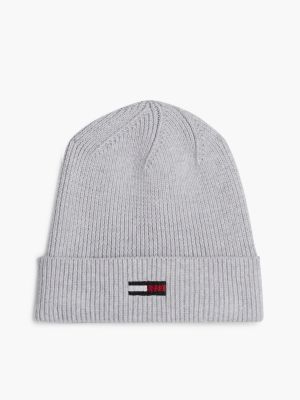 white ribgebreide katoenen beanie met vlag voor dames - tommy jeans