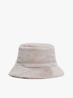 beige reversible faux fur bucket hat for women tommy jeans