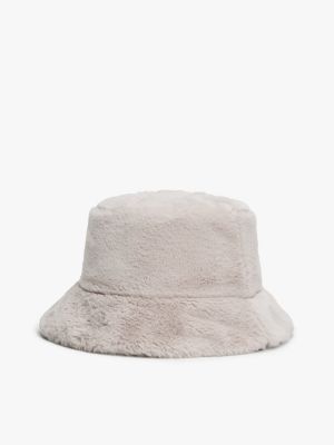 beige reversible faux fur bucket hat for women tommy jeans