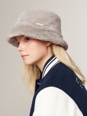 beige reversible faux fur bucket hat for women tommy jeans