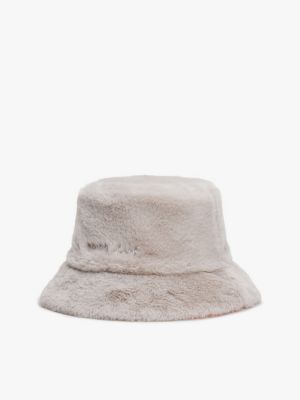 beige reversible faux fur bucket hat for women tommy jeans