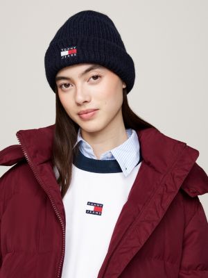 black heritage rib-knit beanie with wool for women tommy jeans