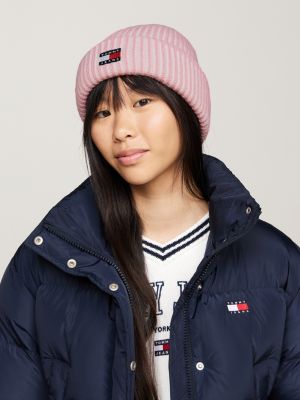 pink heritage rib-knit beanie with wool for women tommy jeans