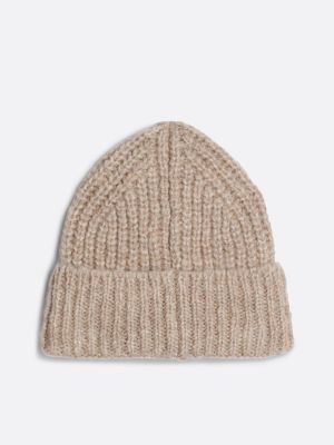 beige city chunky gebreide beanie met wol voor dames - tommy jeans