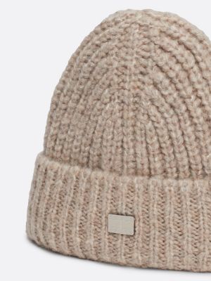 beige city chunky knit beanie with wool for women tommy jeans