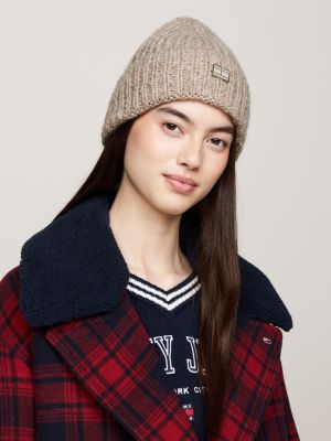 beige city chunky knit beanie with wool for women tommy jeans