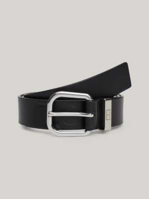 black city debossed logo leather belt for women tommy jeans