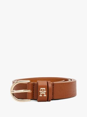 brown essential th monogram leather belt for women tommy hilfiger