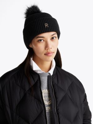 bonnet chic à pompon noir pour femmes tommy hilfiger