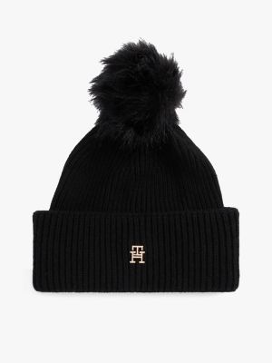 black chic beanie met pompon voor dames - tommy hilfiger