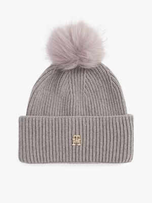 grey chic pom pom beanie for women tommy hilfiger