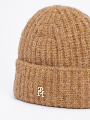 brown th monoplay plaque beanie for women tommy hilfiger