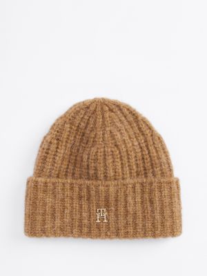 brown th monoplay plaque beanie for women tommy hilfiger