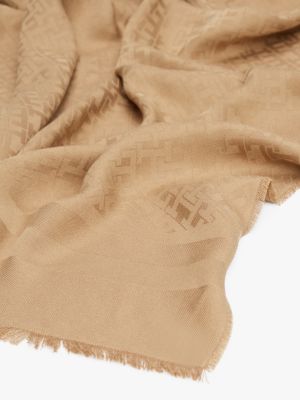 brown th monogram jacquard fringed scarf for women tommy hilfiger