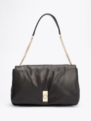 black weiche leder-schultertasche mit drehverschluss für damen - tommy hilfiger