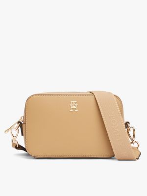 beige th soft cameratas met metalen monogram voor dames - tommy hilfiger