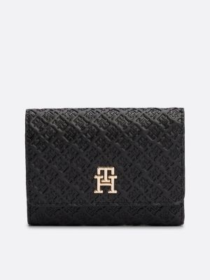 schwarz tiefgeprägte trifold-brieftasche für damen - tommy hilfiger