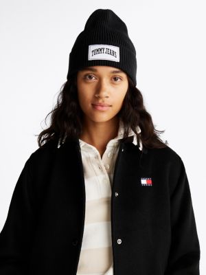 zwart varsity beanie met logo voor dames - tommy jeans