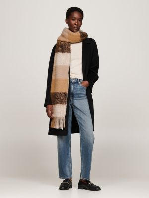 beige mixed check fluffy wool blend scarf for women tommy hilfiger