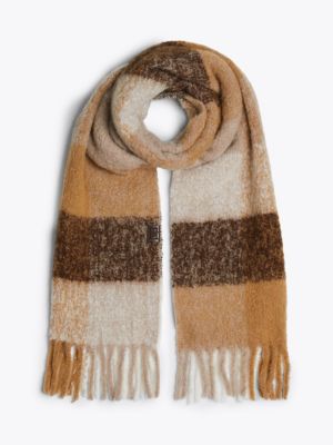 beige mixed check fluffy wool blend scarf for women tommy hilfiger