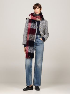 red mixed check fluffy wool blend scarf for women tommy hilfiger