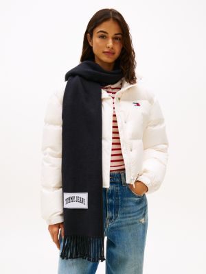 black varsity logo fringe scarf for women tommy jeans