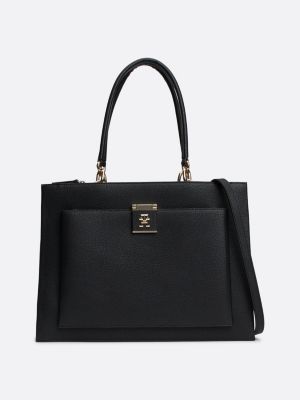 black th monogram pebble grain satchel for women tommy hilfiger