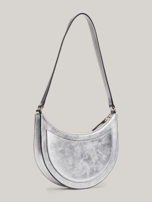 grey metallic leather shoulder bag for women tommy hilfiger