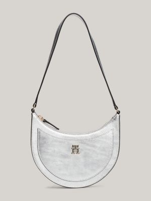 grey metallic leather shoulder bag for women tommy hilfiger