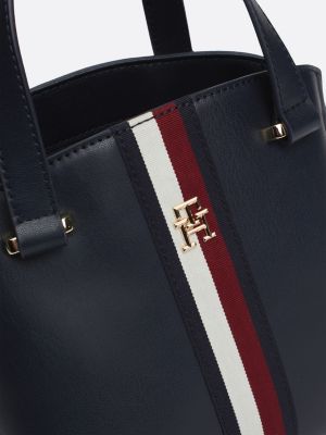 borsa tote con nastro iconico e monogramma th blu da donne tommy hilfiger