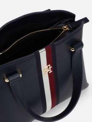 borsa tote con nastro iconico e monogramma th blu da donne tommy hilfiger