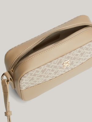 beige th monogram jacquard camera bag for women tommy hilfiger