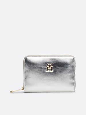 grey th monogram metallic zip-around wallet for women tommy hilfiger