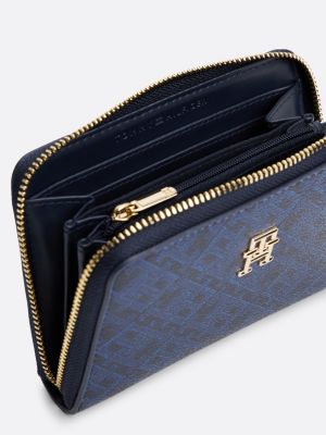 blau reißverschluss-brieftasche mit th-monogramm für damen - tommy hilfiger
