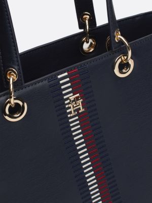 borsa tote con nastro iconico e monogramma th blu da donne tommy hilfiger