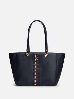 borsa tote con nastro iconico e monogramma th blue da donne tommy hilfiger