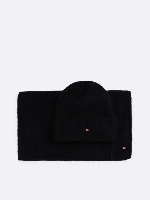 coffret cadeau bonnet et écharpe à drapeau noir pour femmes tommy hilfiger