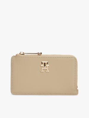 beige slimline portemonnee met th-monogram voor dames - tommy hilfiger