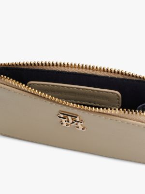 beige slimline portemonnee met th-monogram voor dames - tommy hilfiger