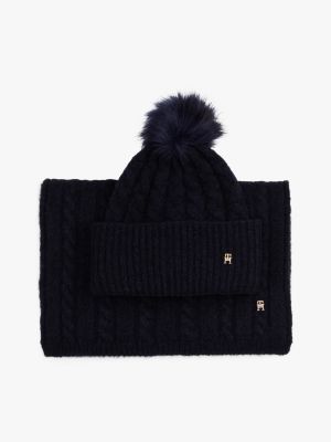 coffret cadeau bonnet à pompon et écharpe bleu pour femmes tommy hilfiger