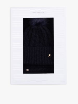 coffret cadeau bonnet à pompon et écharpe bleu pour femmes tommy hilfiger