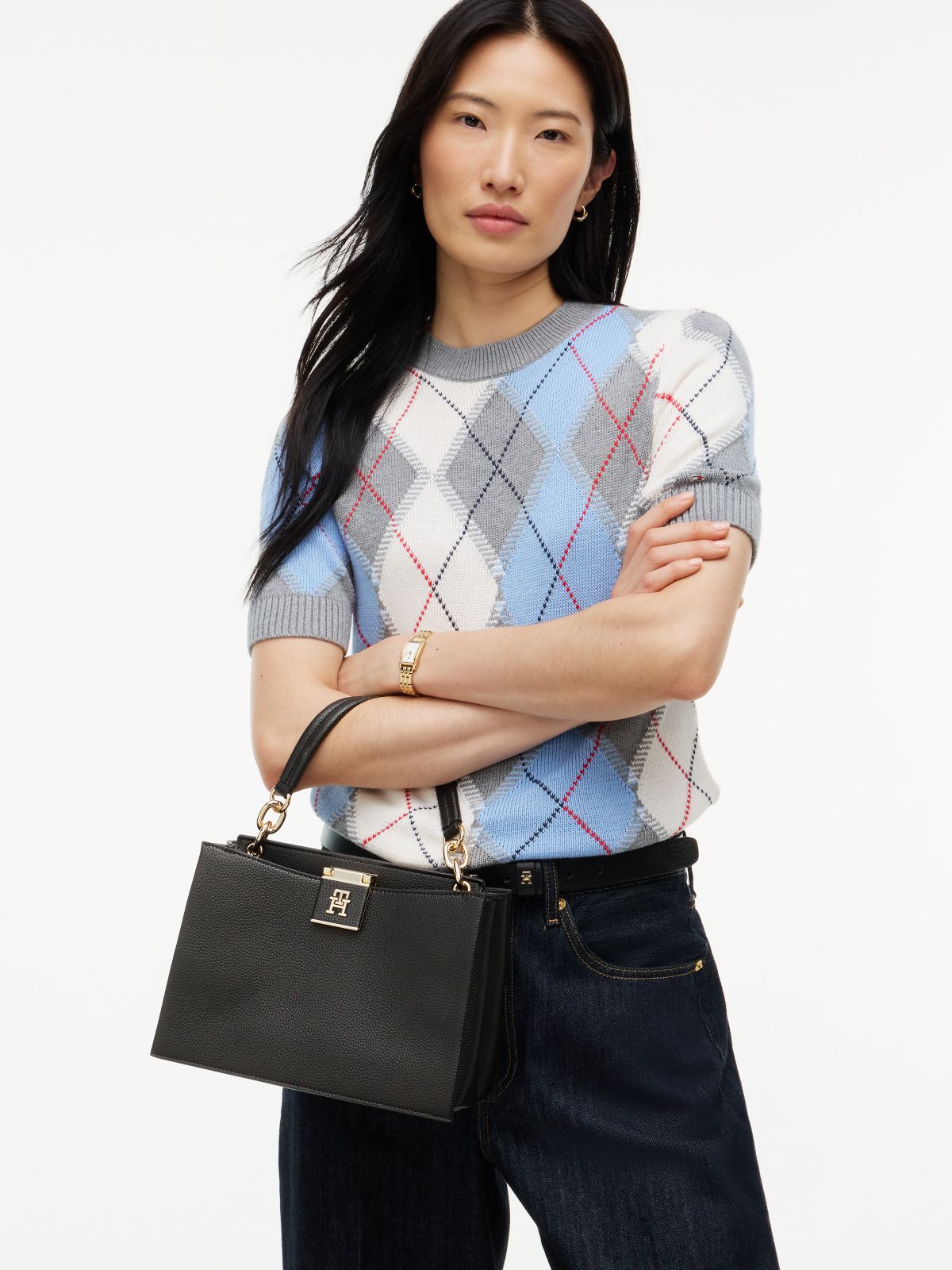 TH Monogram Crossbody Satchel — Black