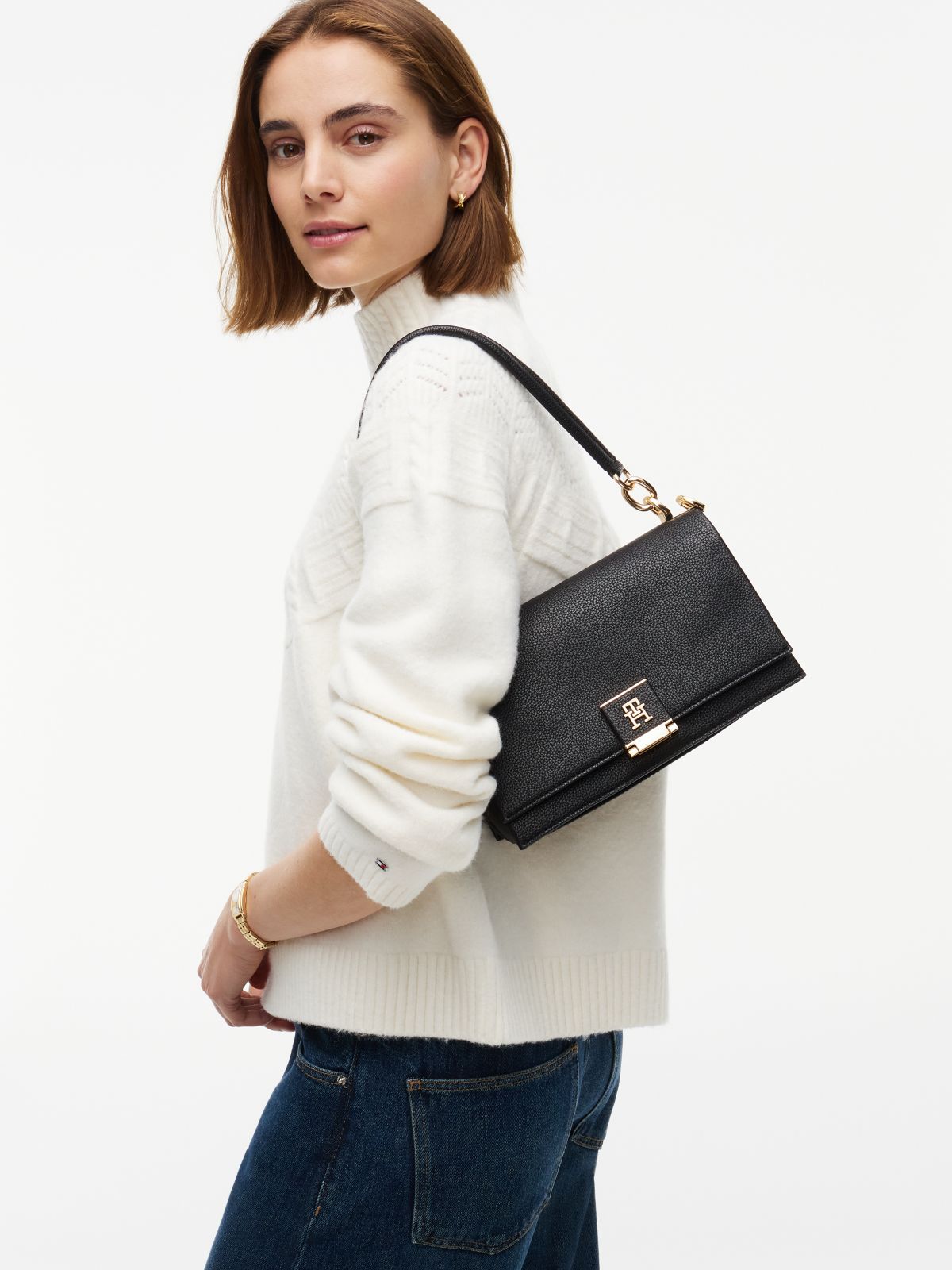 TH Monogram Flap Crossbody Bag — Black